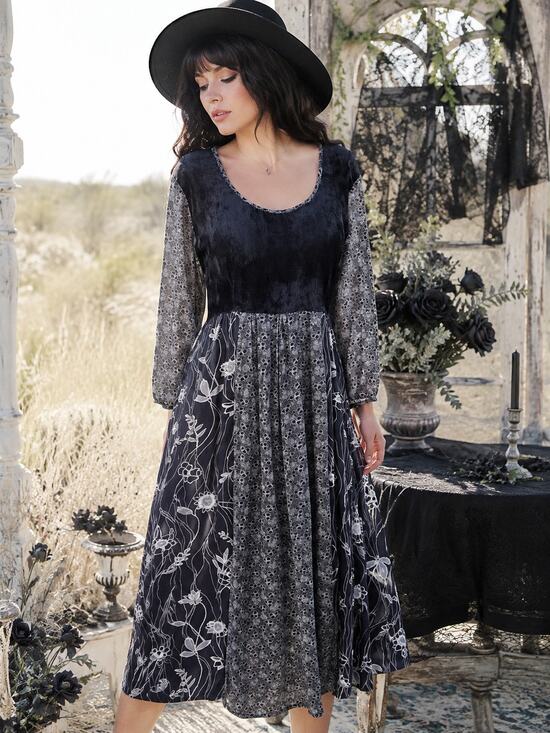 M.P.H. Dresses & Skirts - Vintage 1990s M.P.H. Black Velvet Patchwork Midi Dress Whimsigoth Boho Corset
